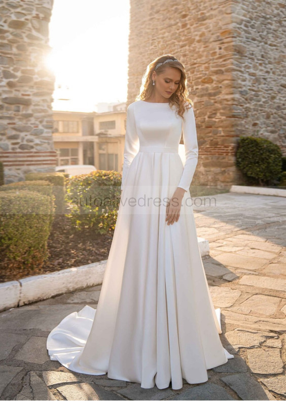 Long Sleeves Ivory Satin Minimalist Wedding Dress